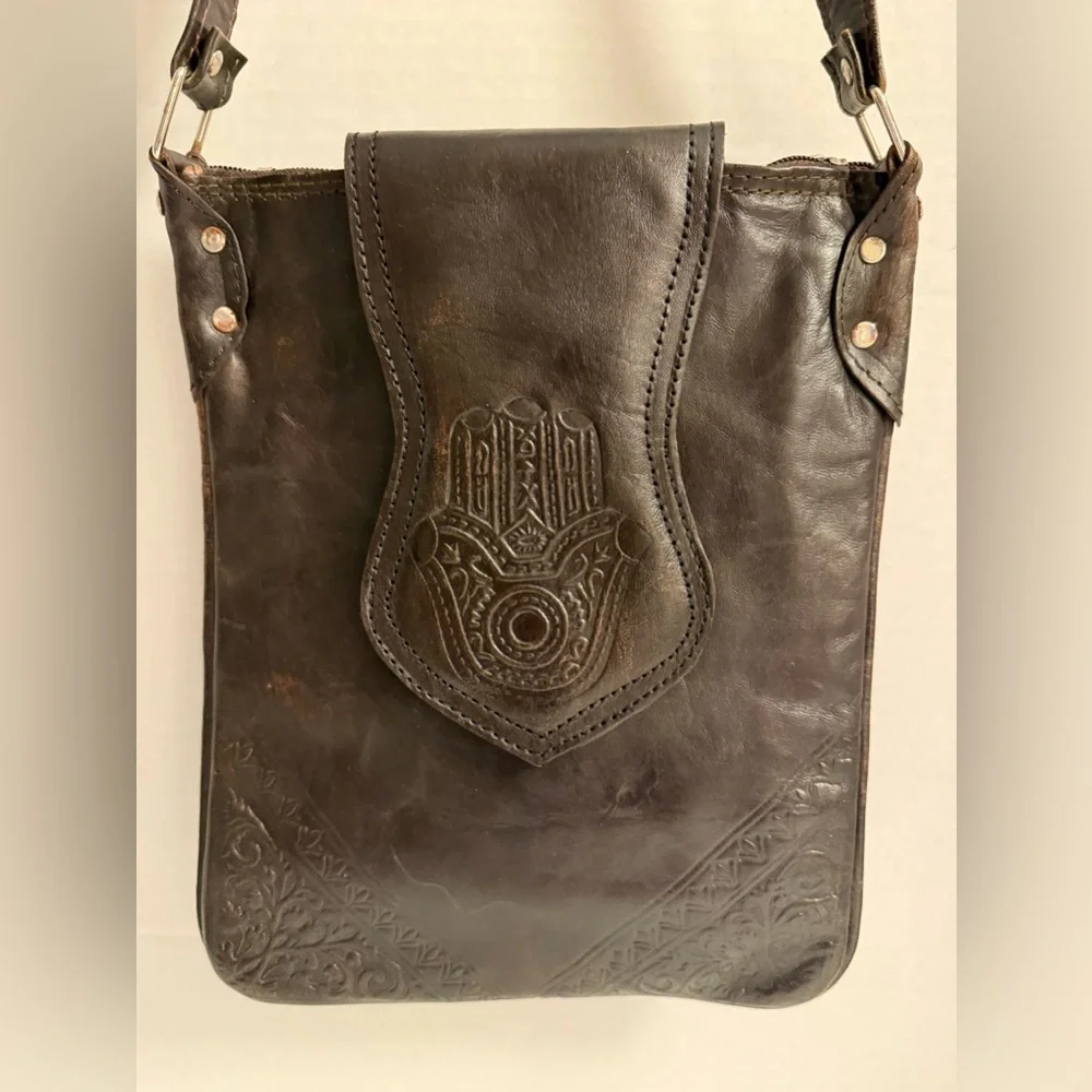 Moroccan Hand-Tooled Leather Crossbody Satchel Hamsa Hand Boho Bag - Picture 7 of 10